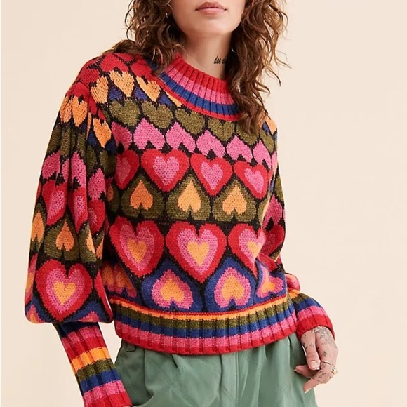 FARM Rio Sweaters - Farm Rio Colorful Heart Pattern Sweater Size Large
